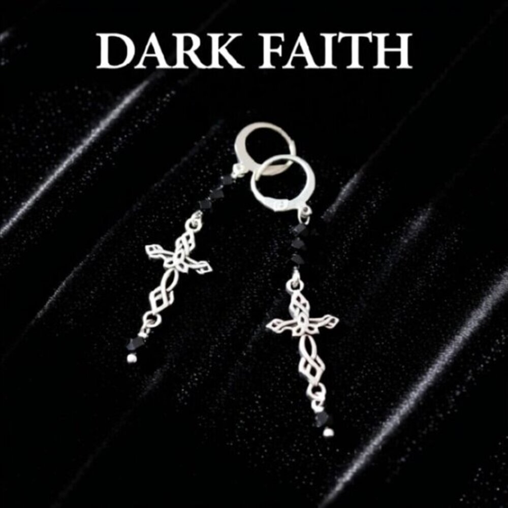 Dainty Beaded Glam Cross Dangle Earrings! Faceted Black Crystal + Silver Cross